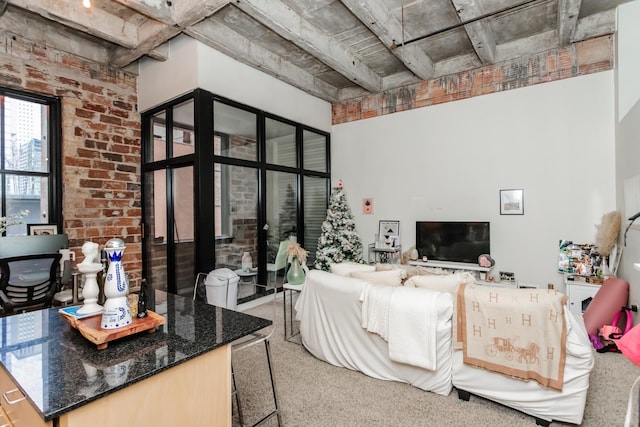 living room with a high ceiling