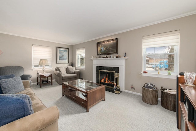 living room featuring ornamental molding and light colored carpet