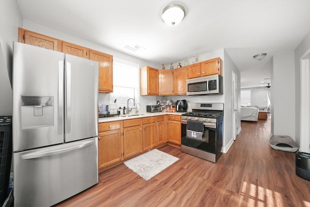 kitchen featuring wood-type flooring, appliances with stainless steel finishes, and sink