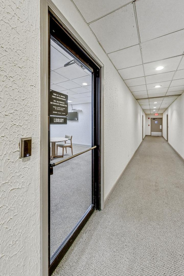 corridor with carpet and a drop ceiling