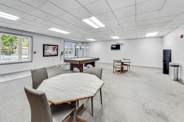 playroom with carpet, pool table, and a drop ceiling