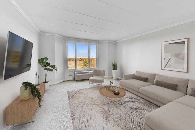 carpeted living room with crown molding