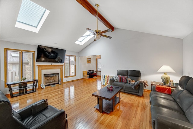 living room featuring a tile fireplace, ceiling fan, beam ceiling, a skylight, and wood-type flooring