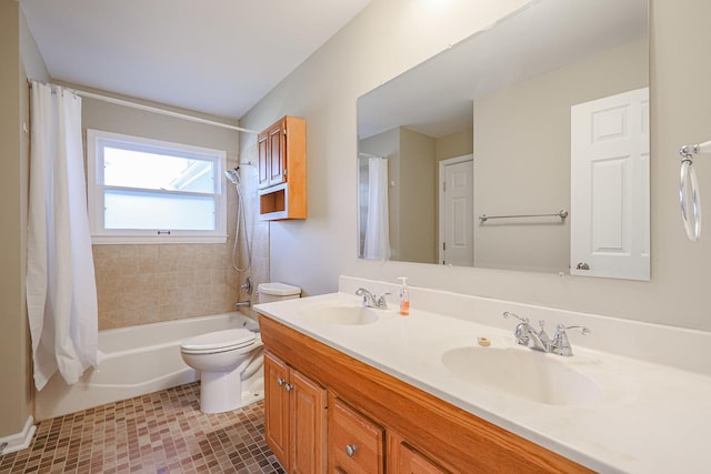 full bathroom with shower / bathtub combination with curtain, vanity, tile patterned flooring, and toilet