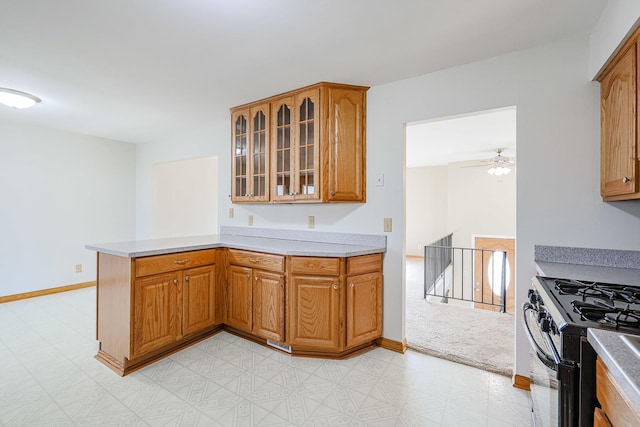 kitchen with range with gas stovetop and kitchen peninsula