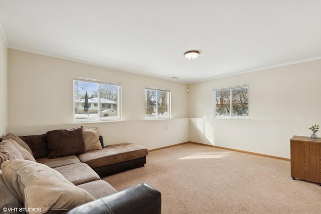 living room with ornamental molding and light colored carpet