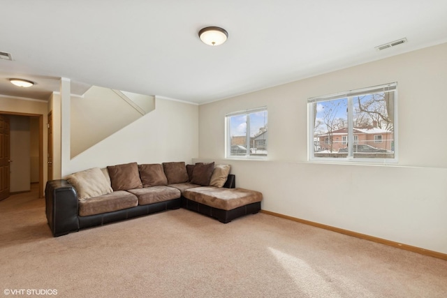 living room with crown molding and carpet