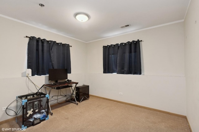 carpeted office with ornamental molding