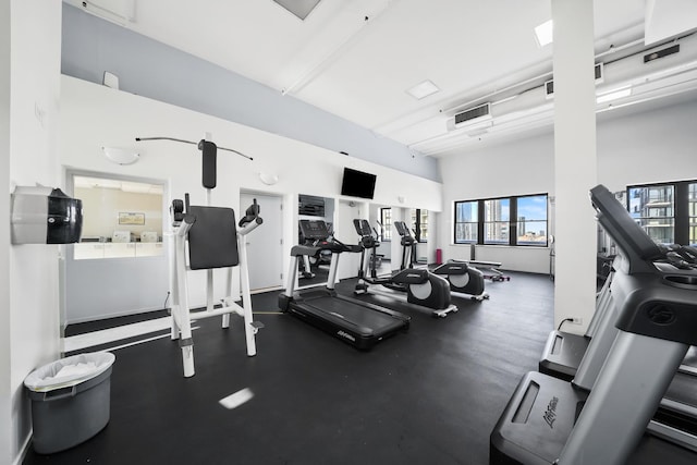 exercise room featuring a high ceiling