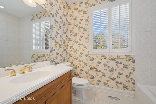 860 Gage Ln, Lake Forest, IL 60045 - bathroom with tile patterned flooring, toilet, vanity, visible vents, and wallpapered walls