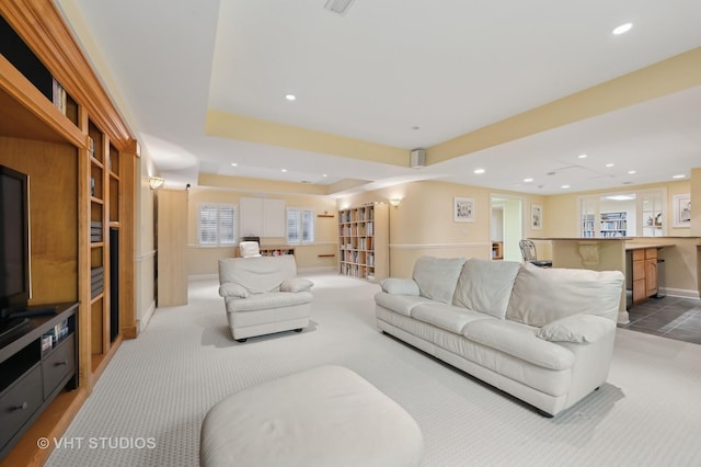 860 Gage Ln, Lake Forest, IL 60045 - living room featuring light carpet, a tray ceiling, baseboards, and recessed lighting