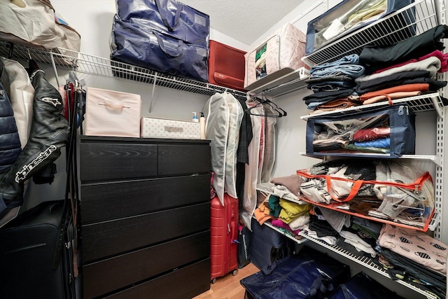 walk in closet with wood finished floors