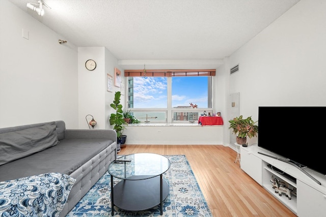 living room featuring visible vents, a textured ceiling, baseboards, and wood finished floors