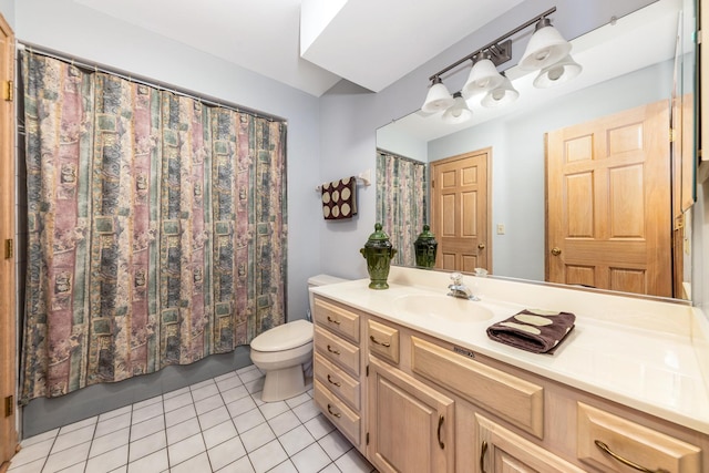 bathroom featuring a shower with curtain, tile patterned floors, toilet, and vanity