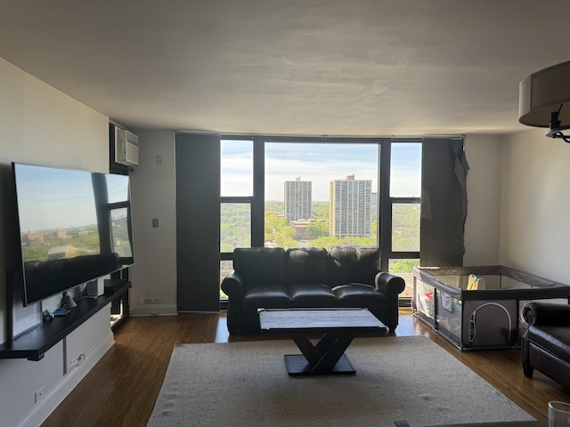 living room with a wall of windows, dark hardwood / wood-style flooring, and an AC wall unit