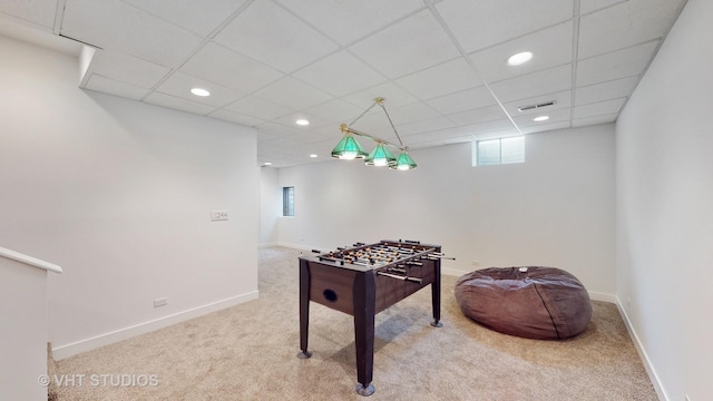 rec room featuring a paneled ceiling, recessed lighting, carpet flooring, visible vents, and baseboards