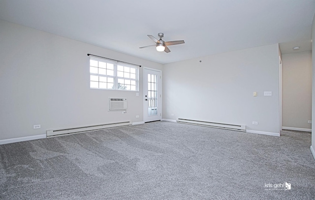 carpeted spare room with a baseboard radiator, an AC wall unit, and ceiling fan