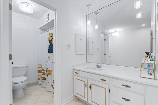 bathroom featuring tile patterned flooring, vanity, toilet, and a shower with shower curtain