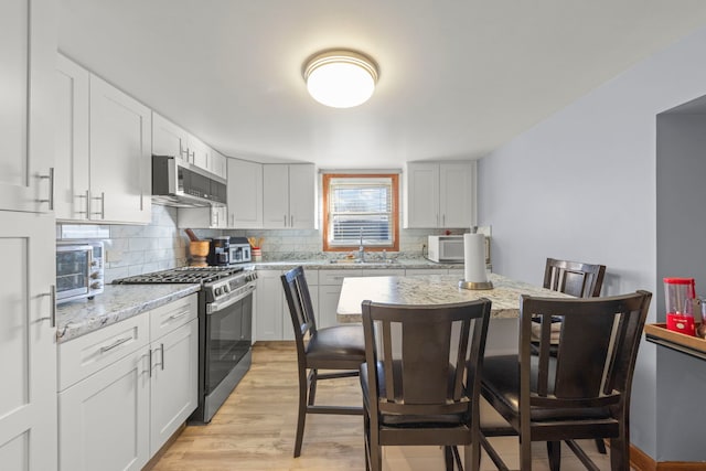 kitchen with light stone counters, a sink, light wood-style floors, appliances with stainless steel finishes, and decorative backsplash