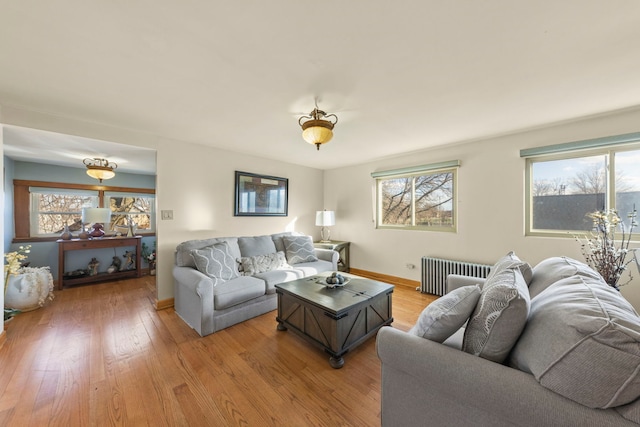 living room featuring a healthy amount of sunlight, light wood finished floors, radiator heating unit, and baseboards