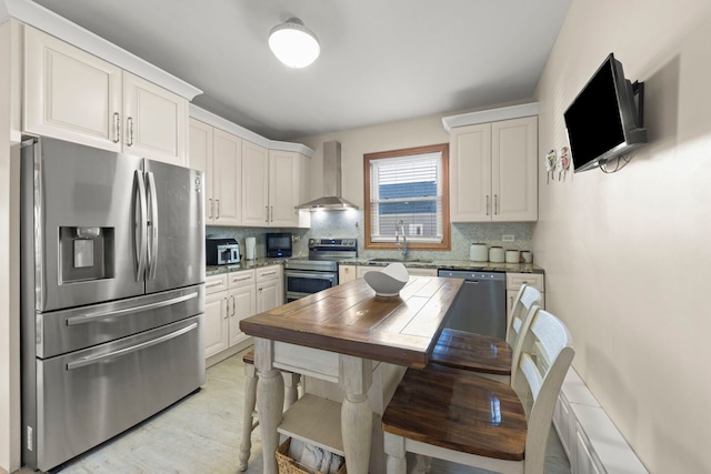 kitchen featuring wall chimney range hood, appliances with stainless steel finishes, backsplash, and a sink