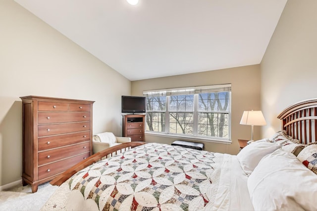 bedroom with lofted ceiling and carpet floors