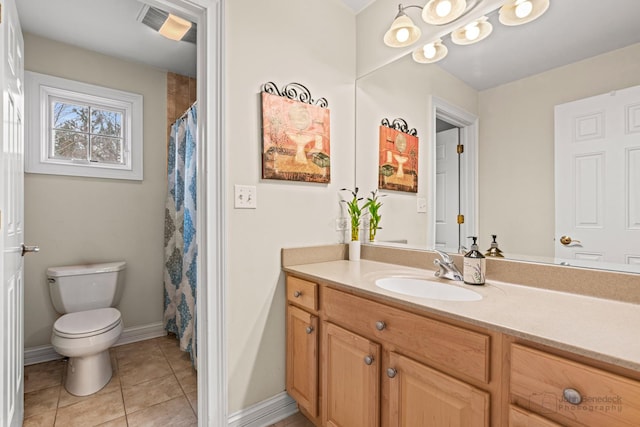 full bathroom with visible vents, toilet, vanity, tile patterned flooring, and baseboards