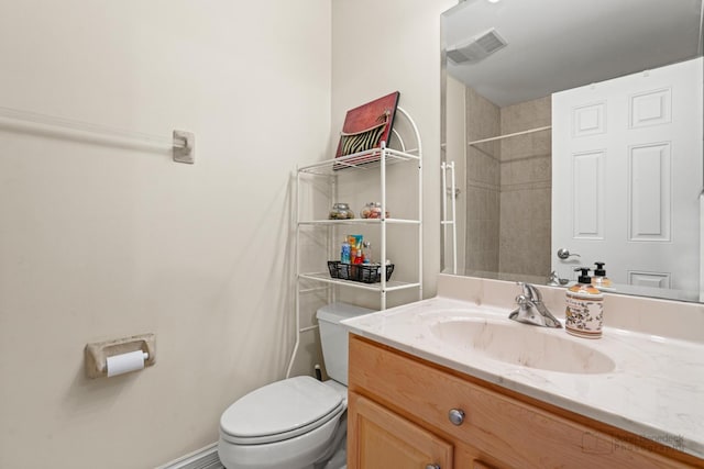 full bath with toilet, visible vents, a shower, and vanity