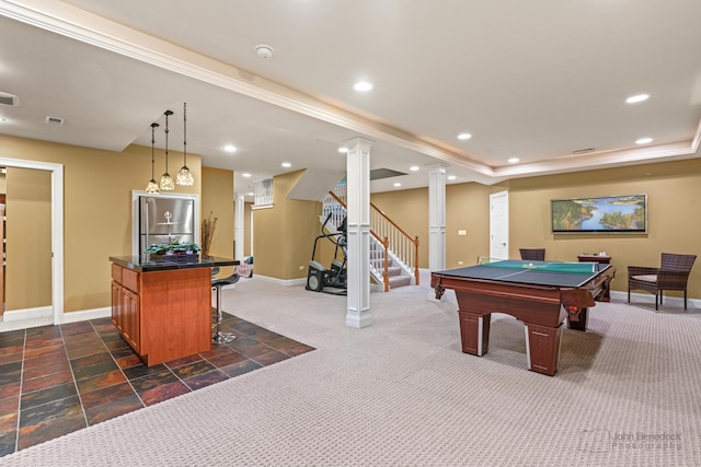 game room featuring recessed lighting, baseboards, and ornate columns