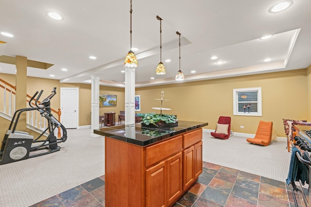 kitchen featuring recessed lighting, open floor plan, gas stove, dark carpet, and a raised ceiling