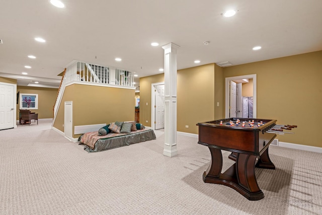 game room with decorative columns, carpet flooring, and recessed lighting