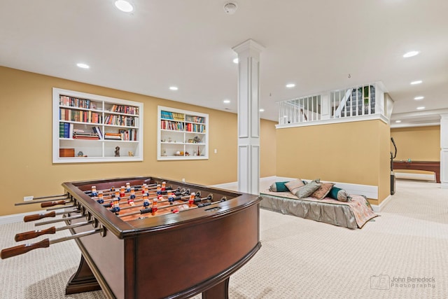 recreation room featuring baseboards, carpet floors, decorative columns, and recessed lighting