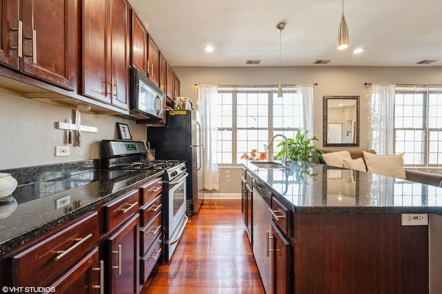 kitchen featuring a sink, stainless steel appliances, a healthy amount of sunlight, and a kitchen island with sink