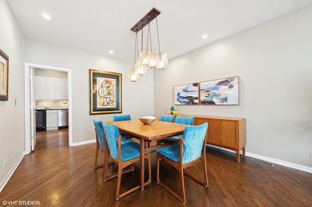 dining area with dark wood-style flooring, recessed lighting, visible vents, and baseboards