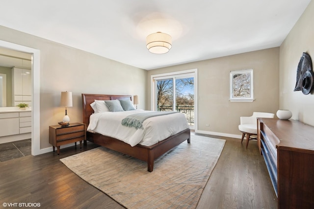 bedroom featuring dark wood-style floors, access to outside, and baseboards