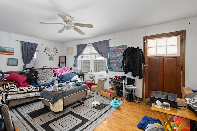 bedroom featuring hardwood / wood-style flooring and ceiling fan