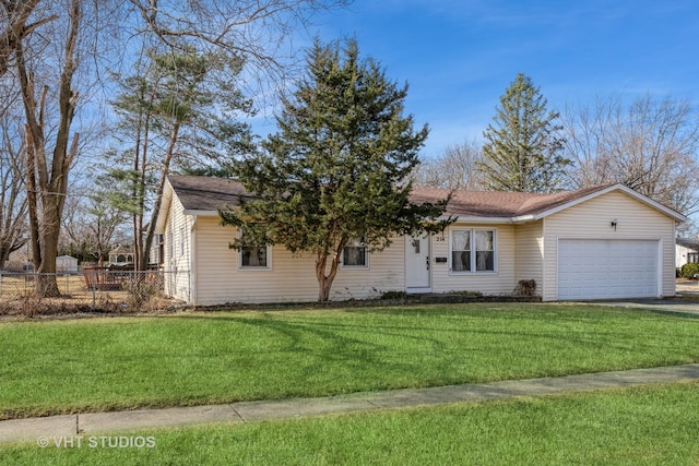 ranch-style house with a front lawn, an attached garage, fence, and a shingled roof