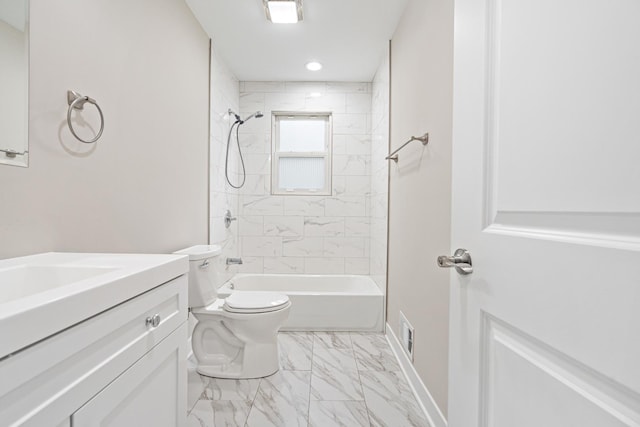 bathroom featuring shower / bathtub combination, toilet, vanity, baseboards, and marble finish floor