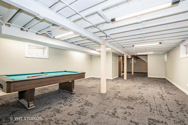 rec room featuring billiards and carpet