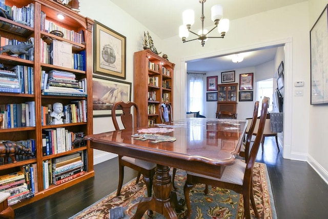 dining room featuring dark wood-type flooring and a notable chandelier