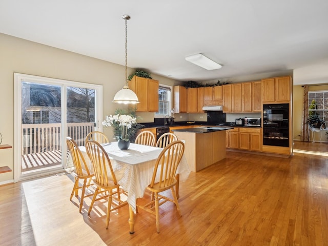 dining room with sink, a wealth of natural light, and light hardwood / wood-style flooring