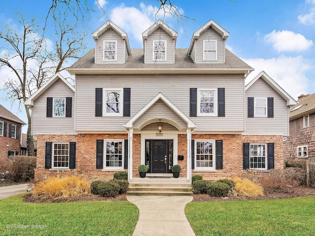 view of front of house with a front lawn and brick siding