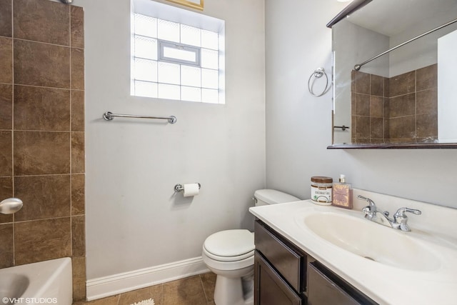 full bathroom featuring vanity, bathing tub / shower combination, and toilet