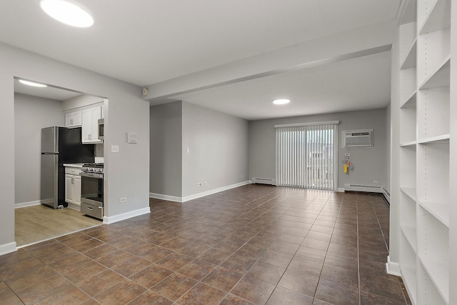 unfurnished living room featuring a baseboard radiator and a wall mounted AC