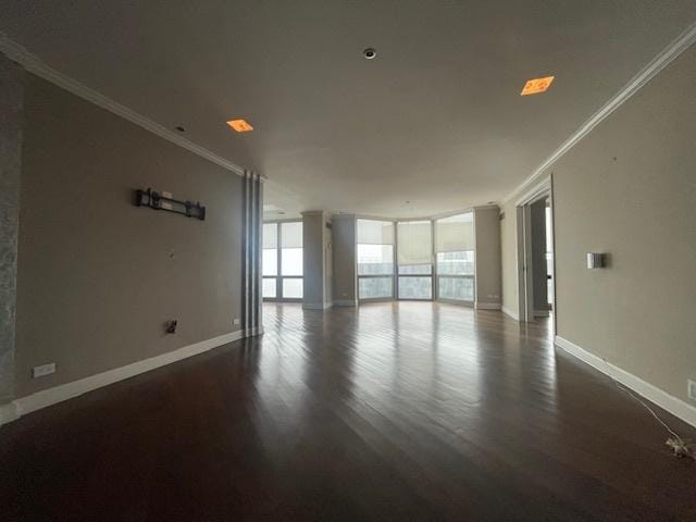 spare room featuring crown molding, dark hardwood / wood-style floors, and a healthy amount of sunlight