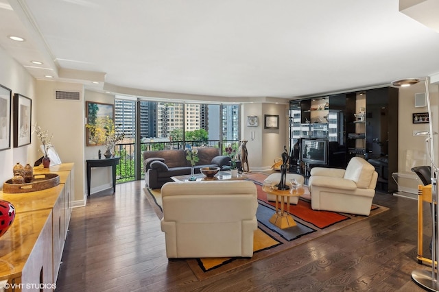 living room featuring floor to ceiling windows, dark hardwood / wood-style floors, and a fireplace