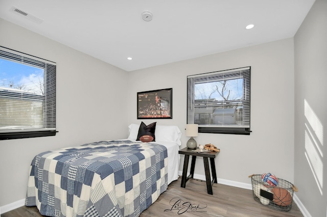 bedroom featuring multiple windows and wood-type flooring