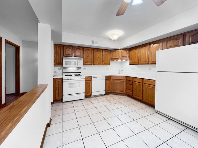 kitchen with ceiling fan, white appliances, light tile patterned flooring, and sink