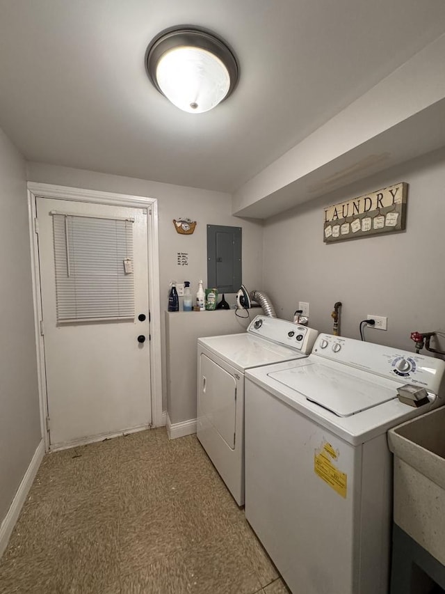 laundry room featuring laundry area, washing machine and dryer, electric panel, and baseboards