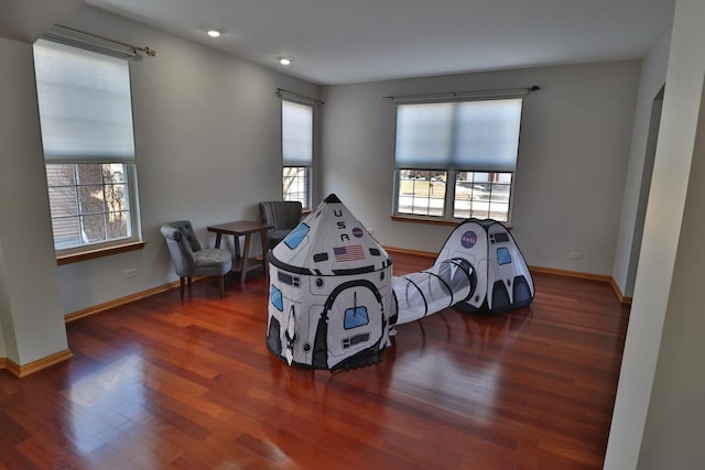 recreation room with dark hardwood / wood-style floors